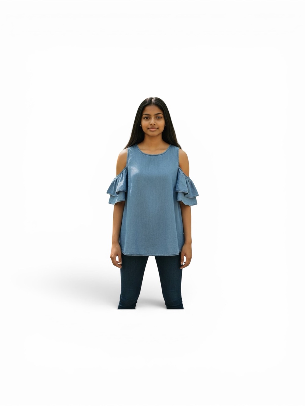 Michael Kors Denim Blue Cold-Shoulder Ruffle Top